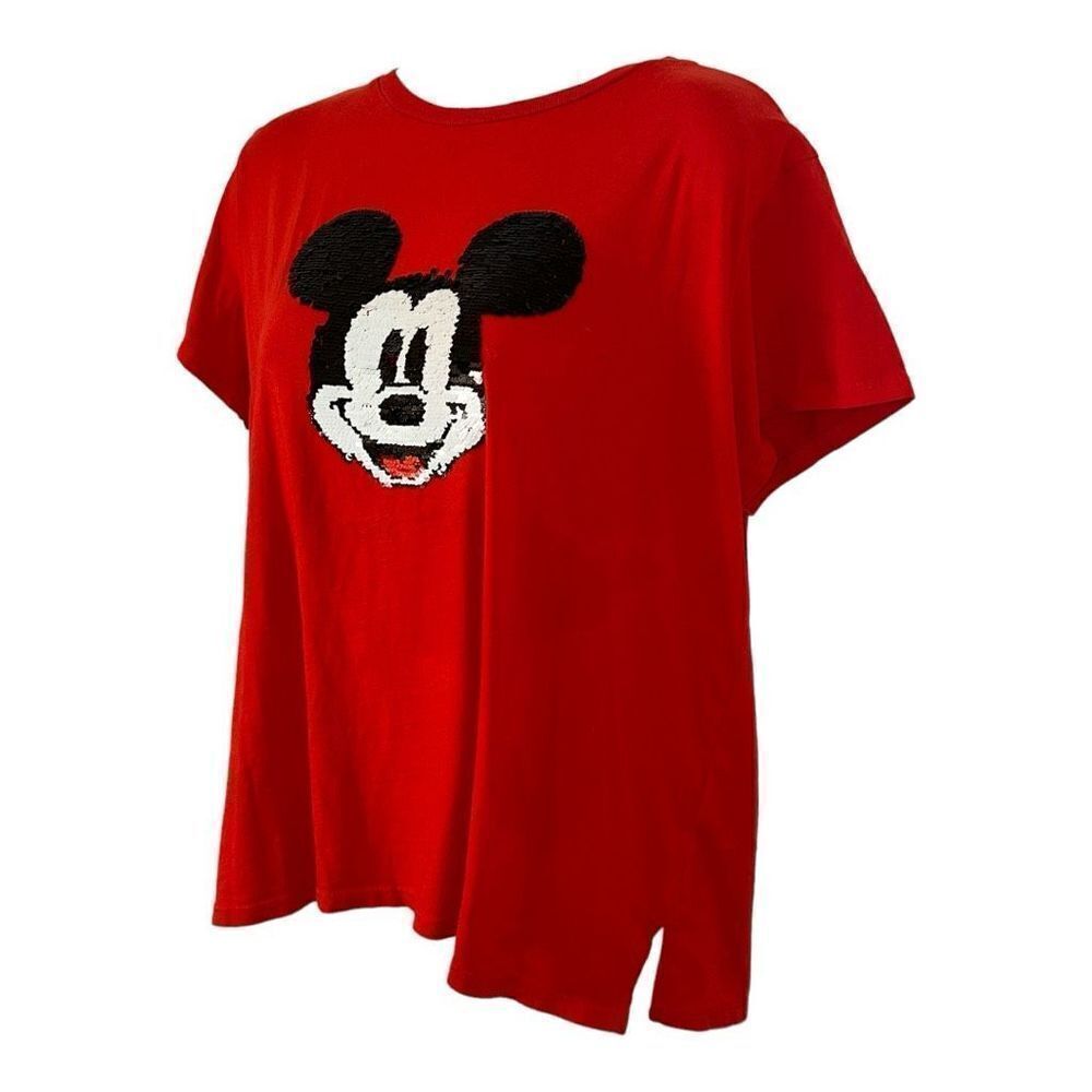 Vintage Sequin Mickey Mouse Tee Face Red Graphic Walt Disney T Shirt - Picture 2 of 3
